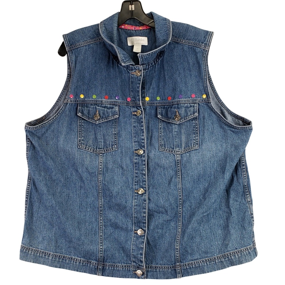 CJ Banks Denim Vest Womens 2X Blue Multicolor Studded Plus Size Layering Casual